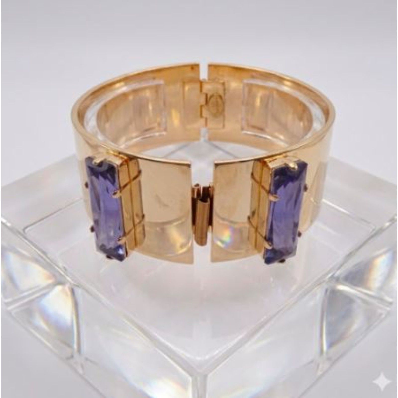 Lee Angel Shiny Gold Wide Gold Amethyst Stone Hinge Cuff Bracelet Nwt 350 63$